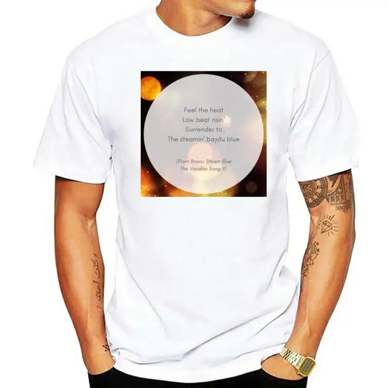 

Feel The Heat t-shirt song lyrics featured on a classic white T-shirt with graphic design as seen for beachwear Clubwear Funny