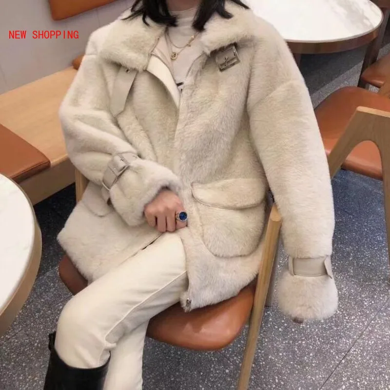 Women Faux Mink Fashion Loose Teddy Winter Fur Coat White Female Parka Rabbit Furry Short Thicken Overcoat Fourrure Femme Ladies