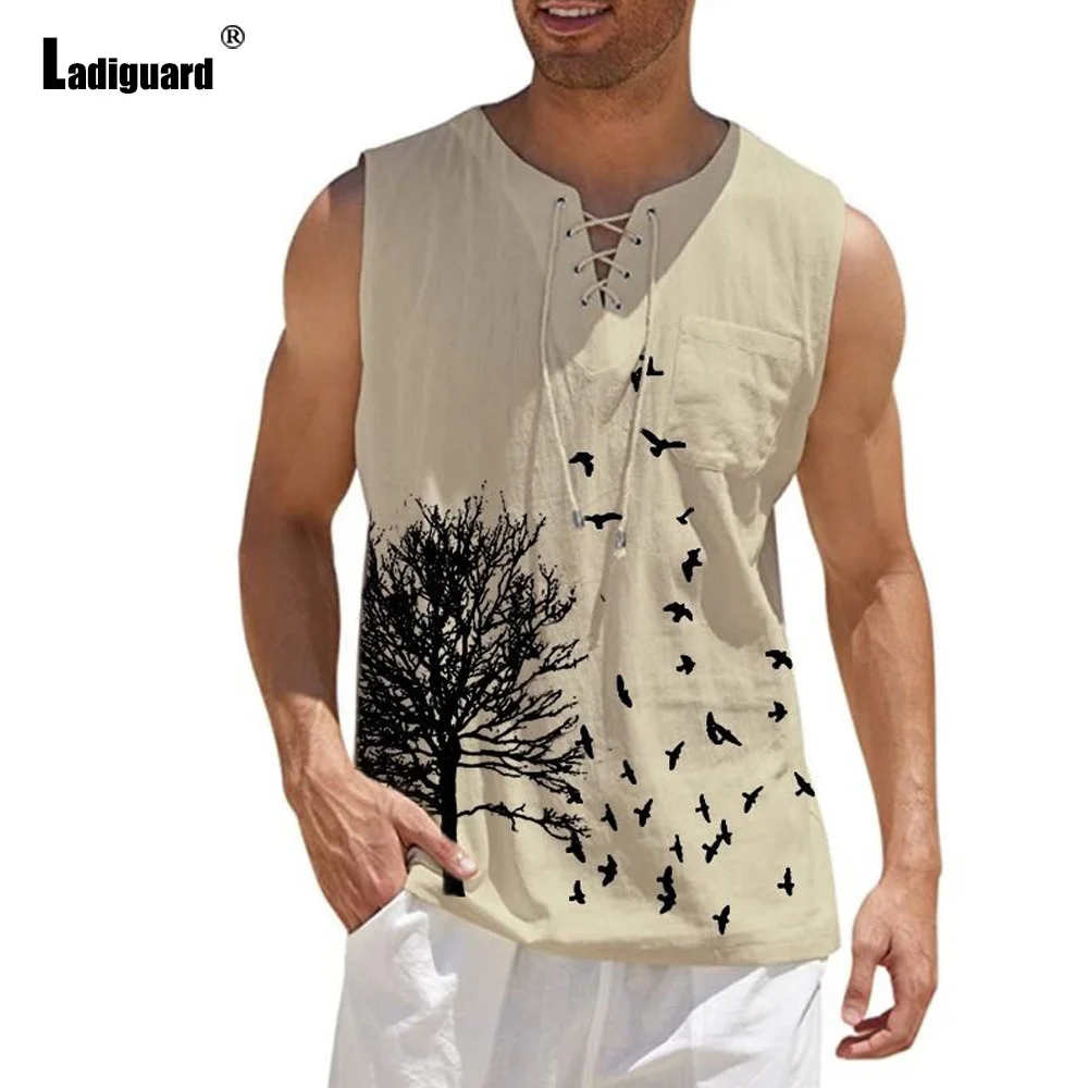 Large Big Mens Boho Tree Birds Print Shirts 2022 Summer Bandage Tops Men Sleeveless Blouse Male Pullovers Casual Linen Shirt