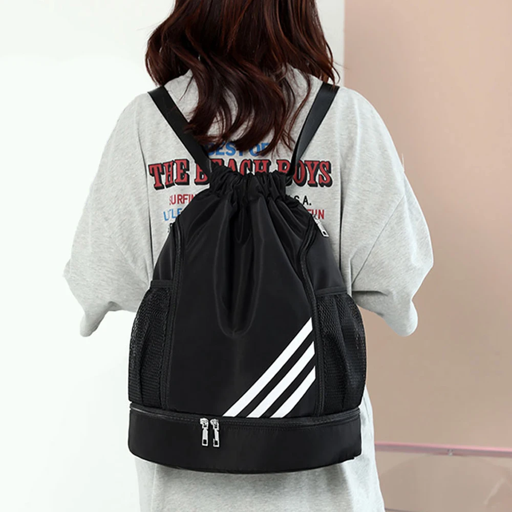 

2023 New Design Drawstring Bags Backpack with Shoes Pocket Waterproof High-capactiy Nylon Draw String Bags for Gym Sports Travel