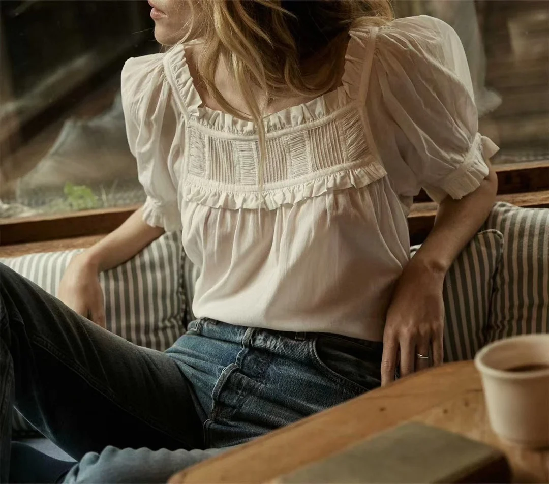 

Women Blouse Ruffles Stitching Square Collar Short Sleeve Sweet 2023 Summer Shirt