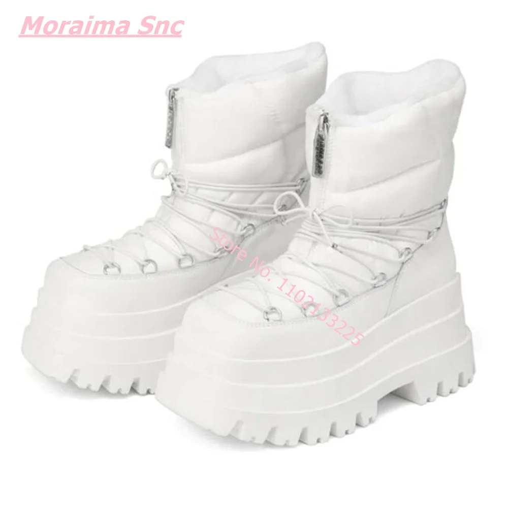 Winter New Women Snow Boots Leather Super High Heel Square Toe Platform PU Down Zipper Lace Up Warm Free Shipping Punk Shoes