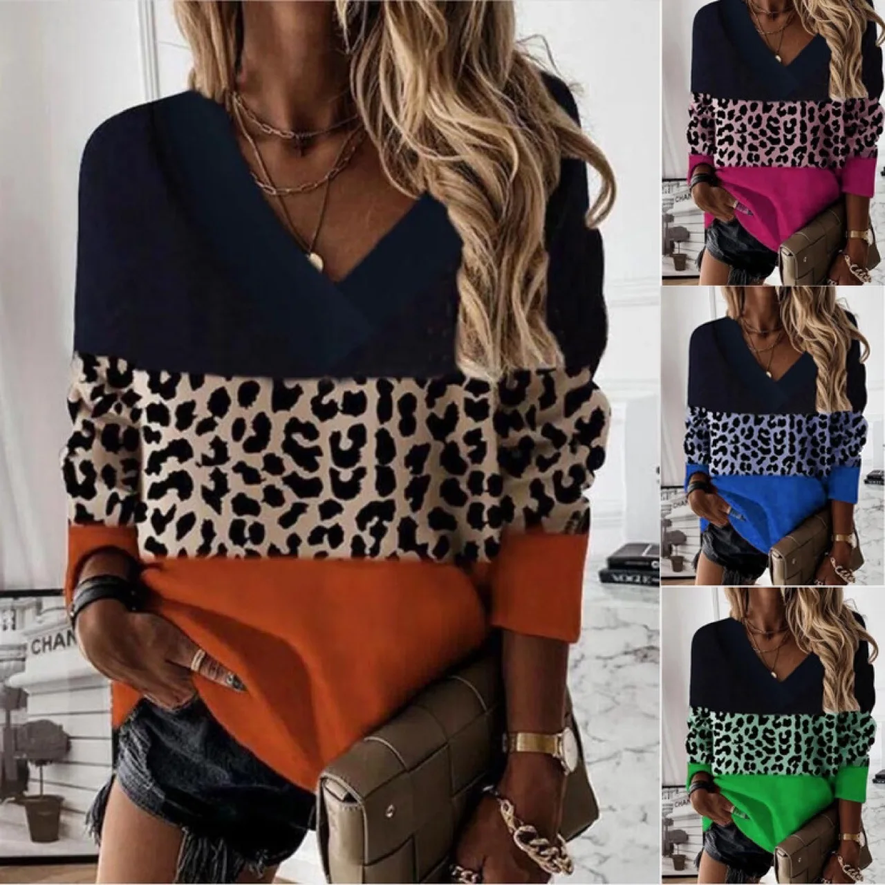 Women's Casual Long Sleeve Patchwork Leopard Print Pullover V Neck Spring Autumn Oversize Sweatshirt Tops