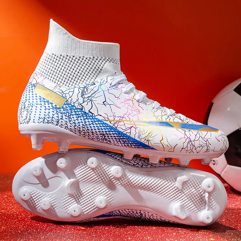 Men's Soccer Cleat FG/TF Anti Slip Training Football Boot Children's Outdoor High Top Soccer Cleat Size 32-48 Black and White