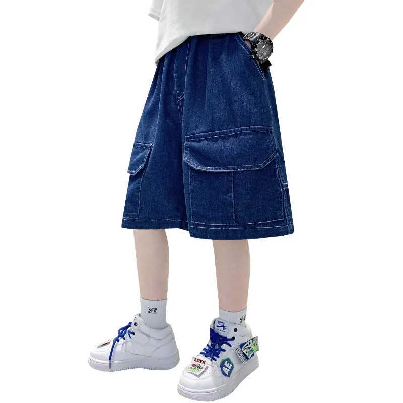 

Little Boys Denim Cargo Shorts with Pockets Summer Teenager Casual Short Pants Boy Blue Color Short Trousers Children 5-14Years