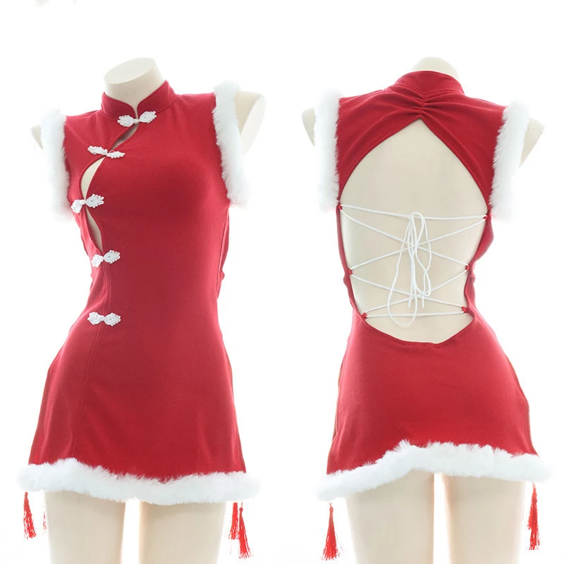

Сексуальный Рождественский костюм Санта Клаус Косплей Чонсам стиль с открытой спиной китайский новый год красное платье для вечерние для п...