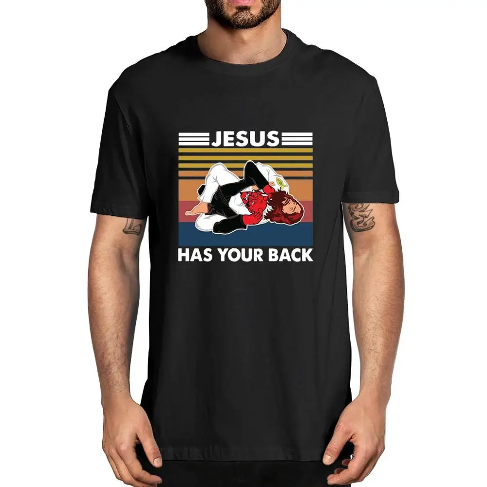 

XS-3XL JIU JITSU Jesus Has Your Back Funny Christian Satan Gift 2020 fashion summer top Vintage Men's cotton T-Shirt women tee