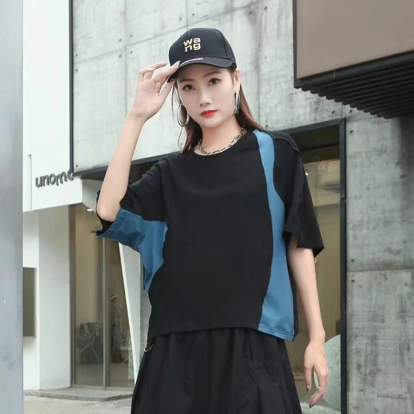 

220357 Hit Color Patchwork T-shirt Fashion New Women Pullover Elegant Personality Casual Loose Summer Women Tops