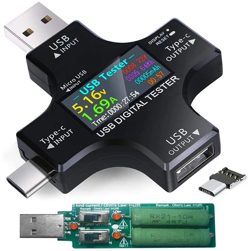 

USB C Tester 2 in 1 Type C USB Tester Color Screen IPS Digital Multimeter Voltage Current Power Temperature with Loader