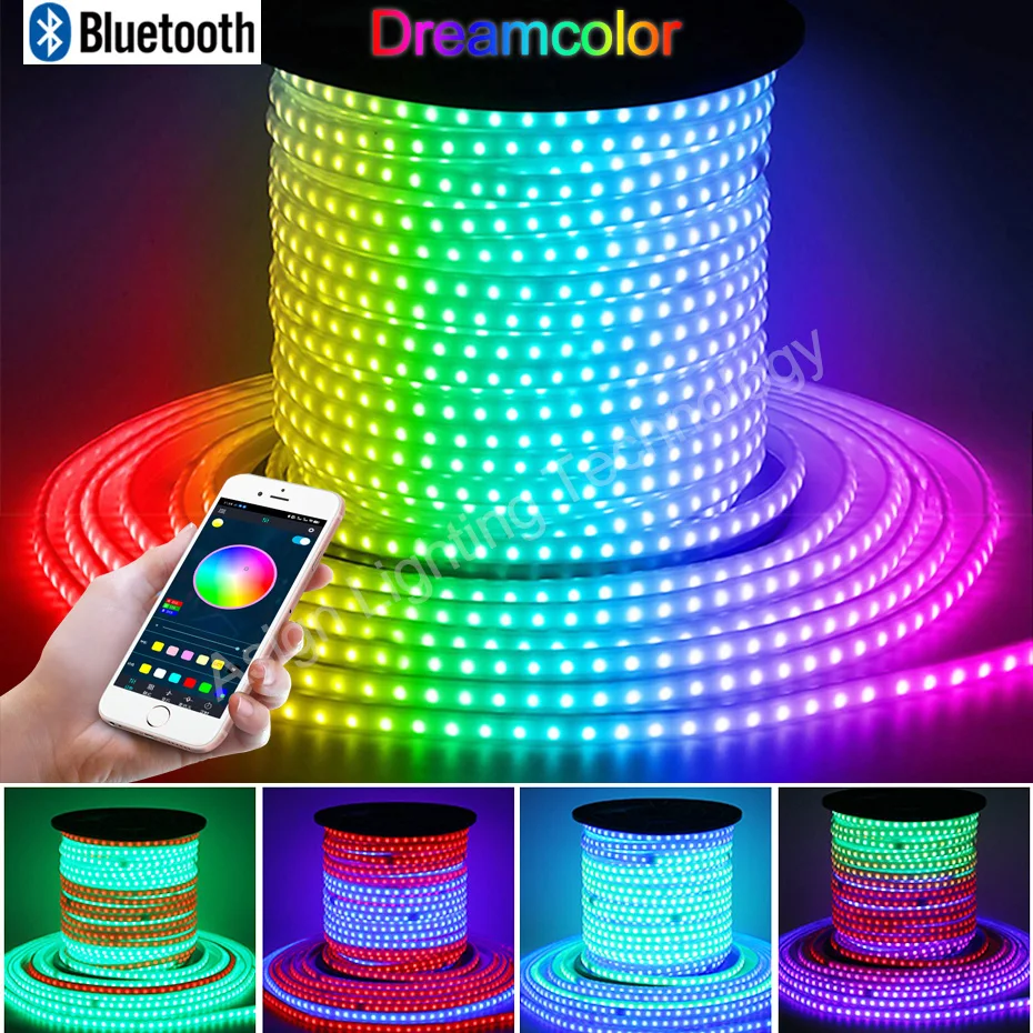 Smart Bluetooth LED Strip Light 220V RGBIC Waterproof Dreamcolor Soft Flexible LED Tape Strip Dimmable RGB 5050 Multicolor Strip