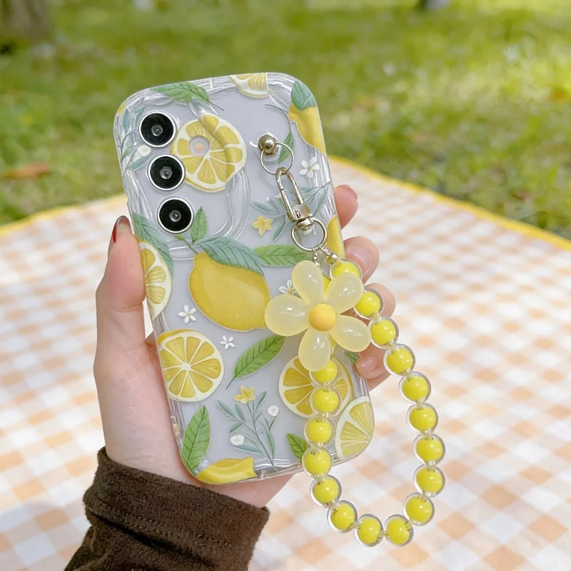 Фото Желтый чехол-накладка с лимонным цветком и шнурком для Samsung Galaxy S26 S25 S24 S22 S23 Ultra Plus FE A56 A55 A37 A36 A27 A26 A16 №2