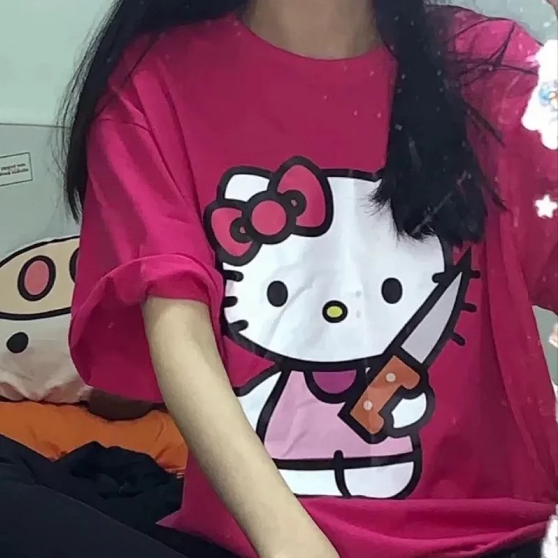 Kawaii Sanrios Hello kitty Rose Red T-shirt Cotton Women Sum