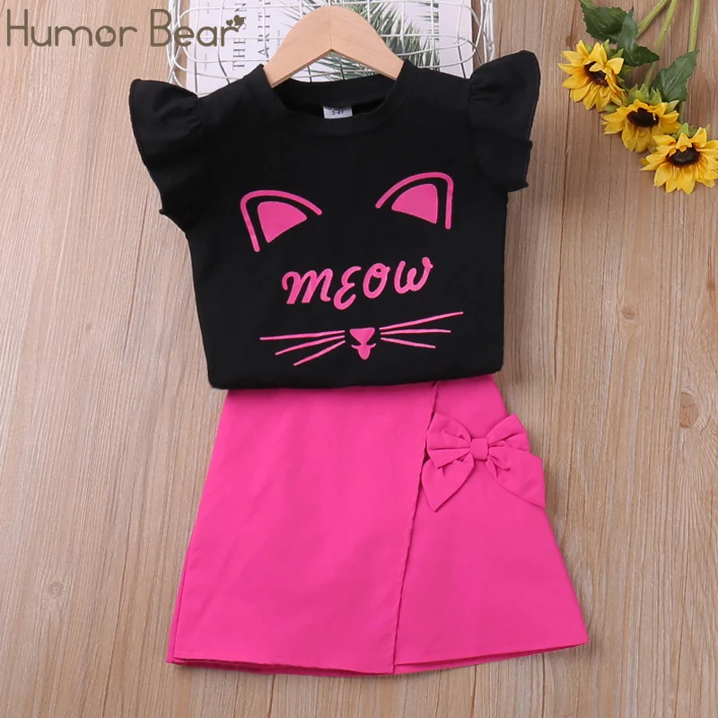 

Humor Bear Girls Clothes Set Summer Flying-Sleeve Cartoon Printed T-Shirt + Bow Skirt 2pcs Casual Children Clothes