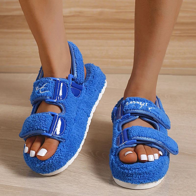 

2022 Fur Sandals Women Summer Thick Flat Slides Outdoor Sandals Girl Fashion Casual Beach Shoes Ladies Open-Toe Plus Size Shoes