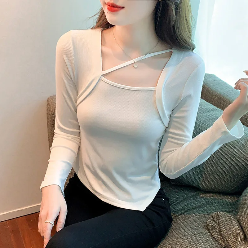 

2022 Women Spring Cotton T-shirt Long Sleeve Tee Solid Streetwear Casual Tops Slim Harajuku Chic Irregular Pullover Black White