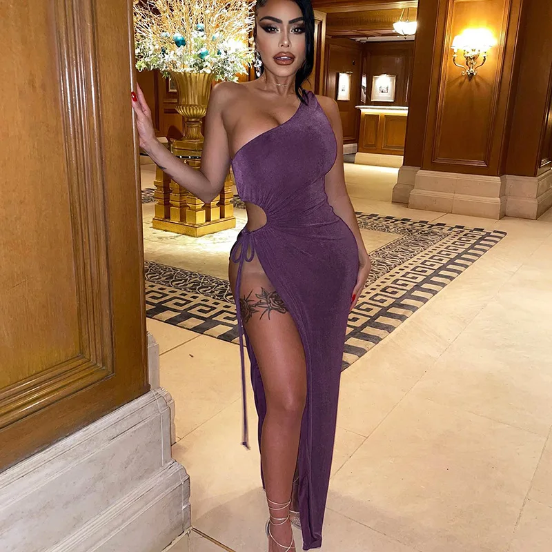 

Night Clubwear Lady Fashion Elegant One Shoulder HIgh Waist Slit Hollow Out Party Dress Women Sexy Evening Dress