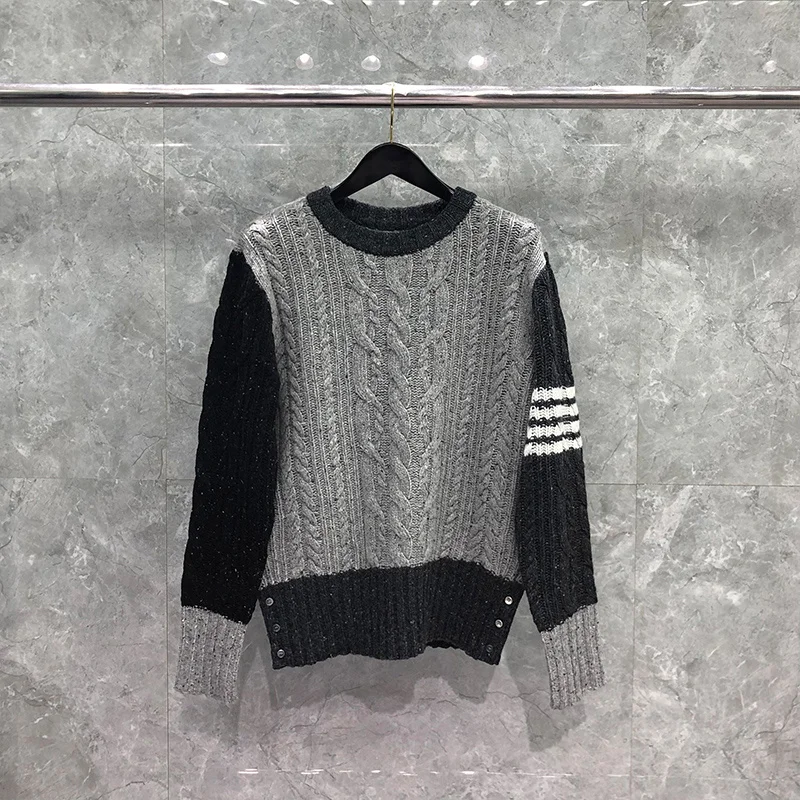 Men's TB THOM Winter Sweater Fashion Brand Coats Gray Fun-Mix Wool Knit Tweed Aran Cable Stripe Pullover Neck Harajuku Sweaters