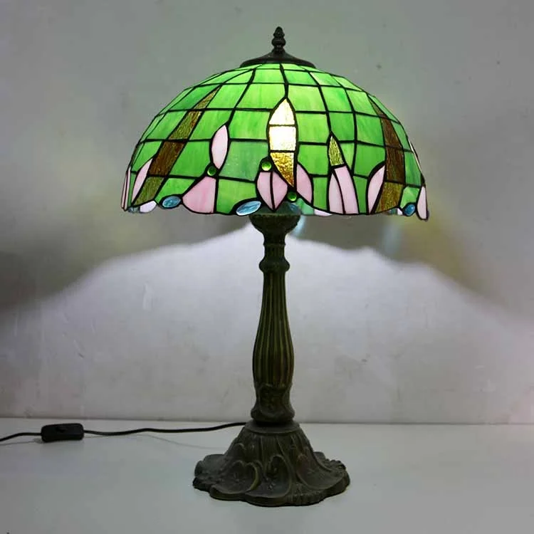 

LongHuiJing 16Inch Tiffany Table Lamps Green Stained Glass Lampshade Antique Art Style Desk Lamp With Lotus Metal Base