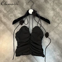 fashion v neck pleated sexy backless camisole for female 2022 summer new three dimensional rose neck band short top women
