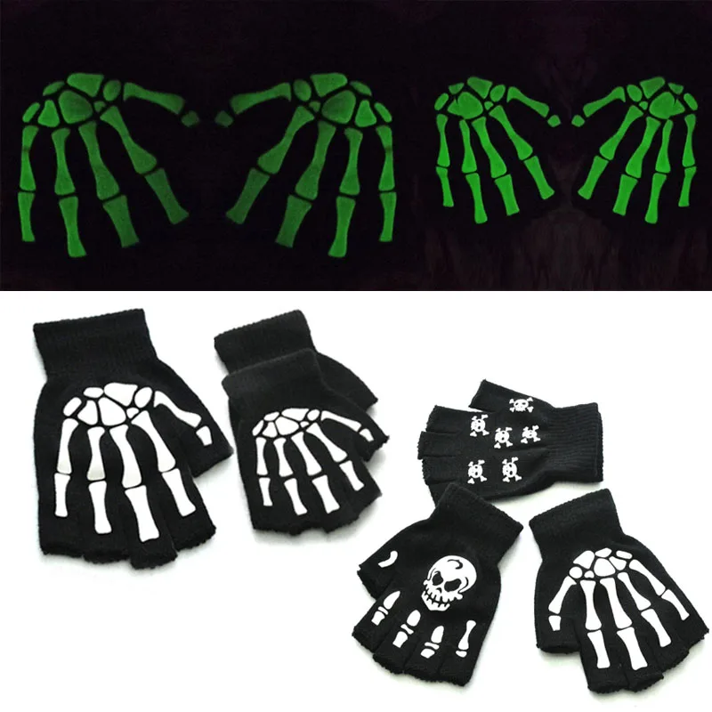 

Knitting Gloves for Parent-child Solid Acrylic Half Finger Glove Human Skeleton Head Gripper Print Cycling Non-slip Wrist Gloves