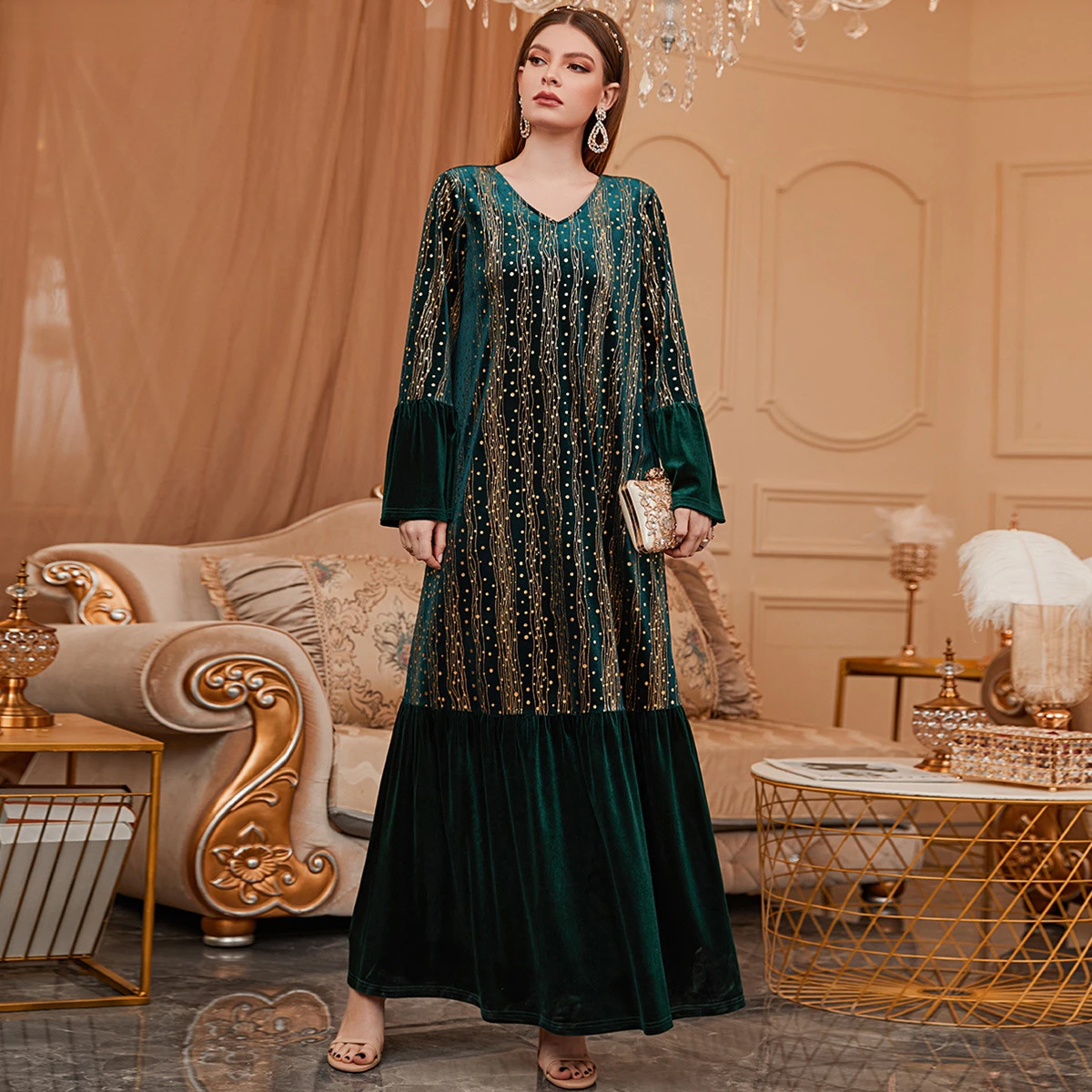 

Ramadan Abaya Kaftan Dubai Bronzed Velvet Dress Muslim Turkey Dresses Women Islam Clothing Jilbab Eid Robe Femme Musulmane 3XL