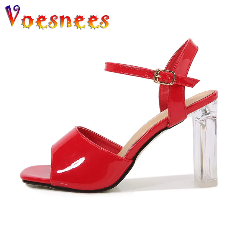 

Summer Simple Style Fashion Women Shoes 9CM Chic Transparent Crystal Heel Everyday Party Shoes Female Square Toe Office Sandals