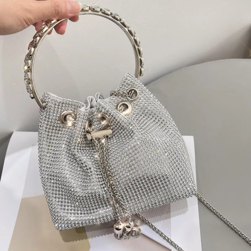 

Evening Bag 2023 New Handbags High Grade Shoulder Bag Shiny Bucket Bag Light Luxury Messenger Handbags Women Bag Metal Hand Ring