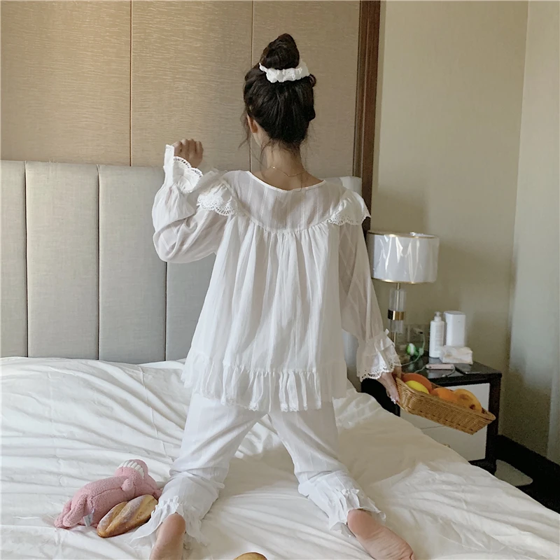 Lolita Princess White Pajamas Set Women Lace Ruffles Embroidery Two Piece Home Suit Sweet Striped Sleepwear Crochet Bow
