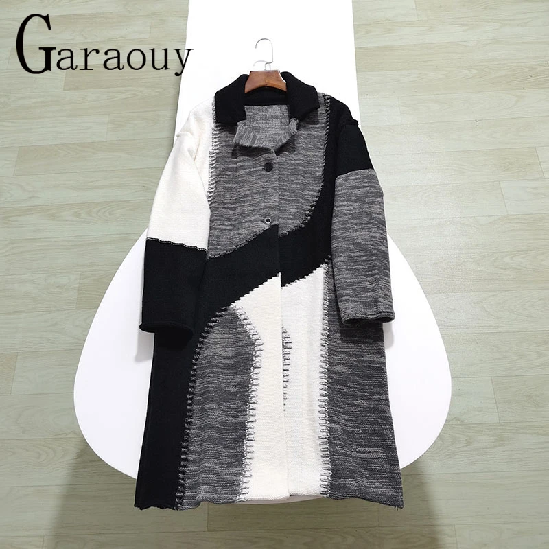 

Весенний женский вязаный кардиган Garaouy2023, модный контрастный однобортный Кардиган с открытой линией, женская трикотажная одежда средней длины, женское платье