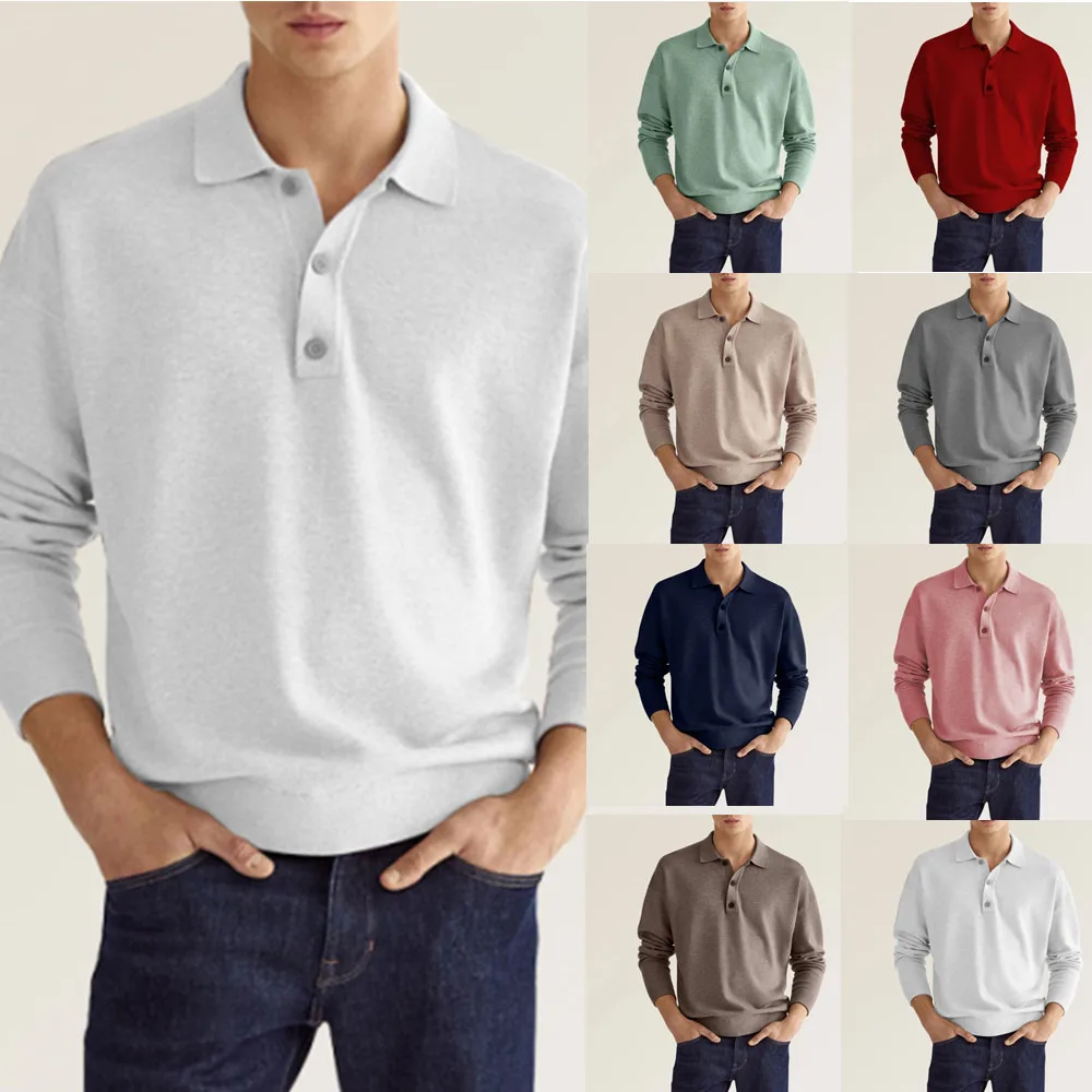 

Autumn Long Sleeve V Neck Button Men's Casual Top Polo Shirt