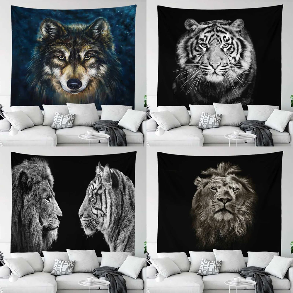 

Настенный гобелен с рисунком льва и тигра, гобелен с волчьим принтом, домашний декор, гобелен для гостиной, спальни, Настенный декор, фоновая ткань