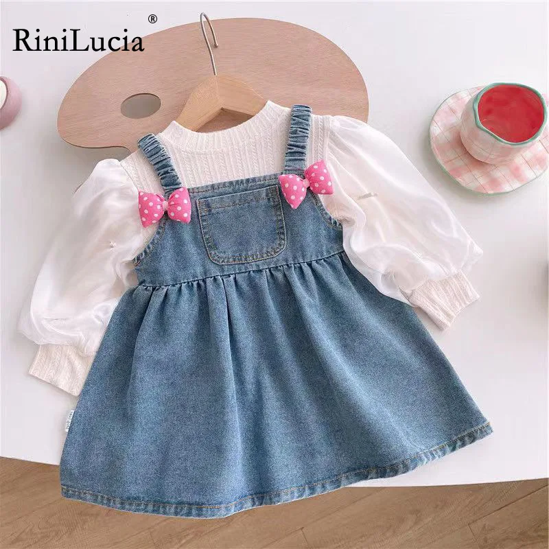 

RiniLucia Sweet Girls' Clothing 2023 Autumn New Kids Clothes Girls Solid Long Sleeve Shirts Denim Dress 2pcs Set Children Set