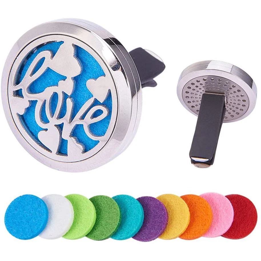 

Word Love Car Air Freshener Aromatherapy Essential Oil Diffuser Stainless Steel Locket with Vent Clip 10 Washable Felt Pads