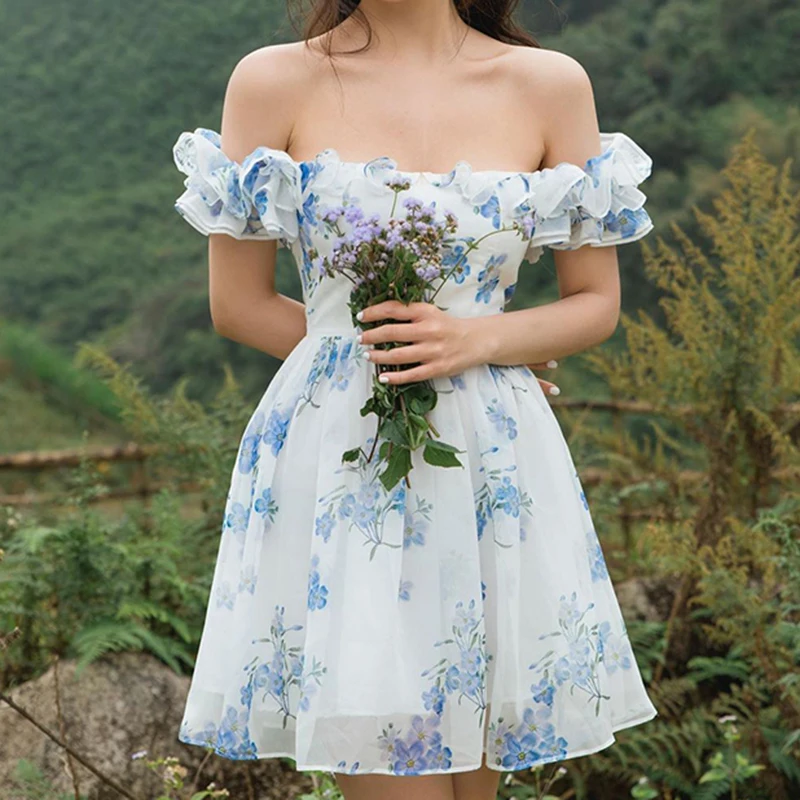 

2022 элегантное шикарное женское платье во французском стиле с открытыми плечами Симпатичные цветочные платья с оборками пикантные корейски...
