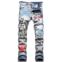 mens spring and summer new high street retro blue hole hip hop rock print printing and dyeing slim stretch skinny jeans