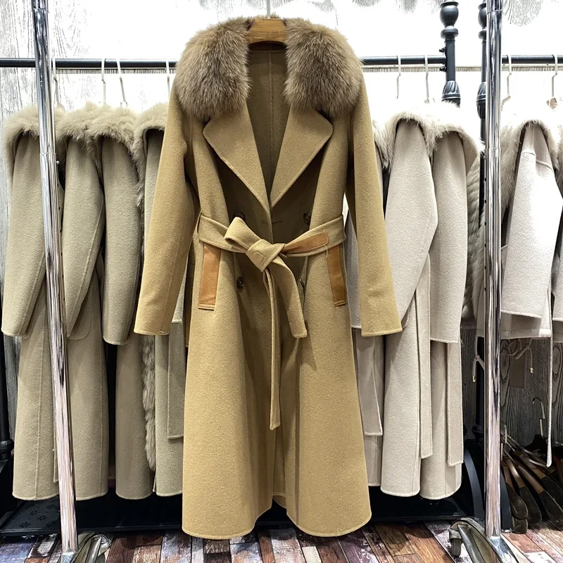 

New 2023 Women Real Fox Fur Collr Double-side Wool Trench Coats Lady Vintage Sheepskin Leather Patchwork Winter Woolen Outerwear