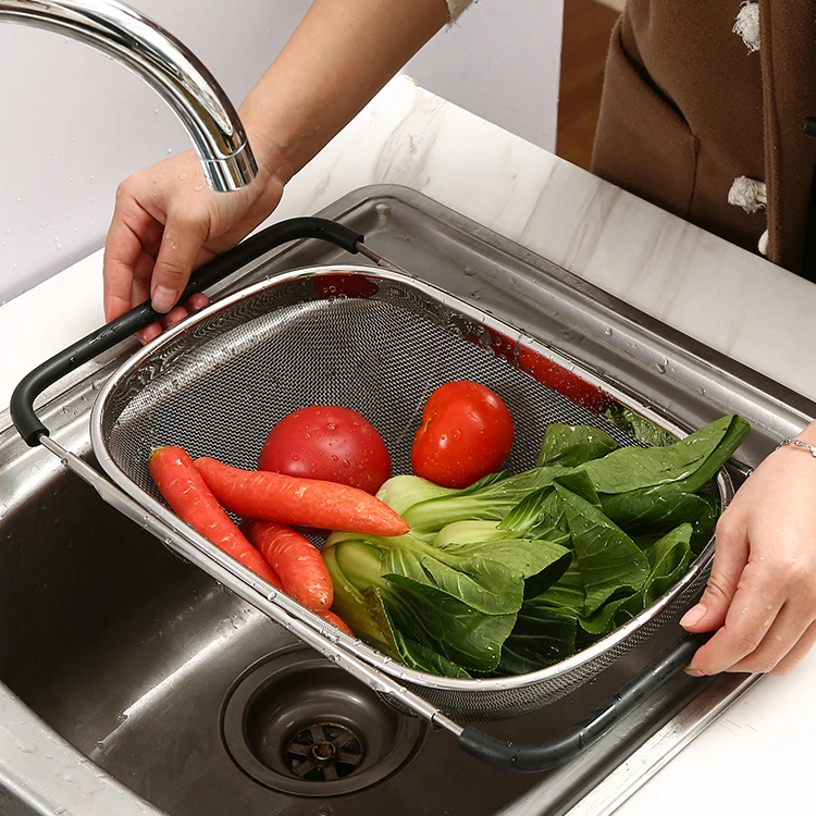 

Steel Kitchen Sink Bottom Grid Brushed Nickel Fruit Drying Rack Telescopic Drain Sink Basket