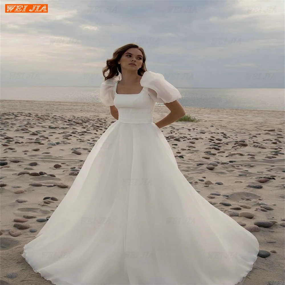 

WEIJIA простое свадебное платье с квадратным вырезом, шифоновое платье с пышными рукавами и лямкой на шее, свадебное платье со шлейфом, индивид...