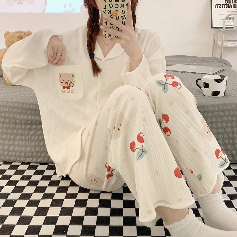 Yasuk Spring Autuum Fashion Women's Casual Sleepwear Homewear Lovely Sweet Girl Pajamas With Pants Soft Simple Bear Kawaii