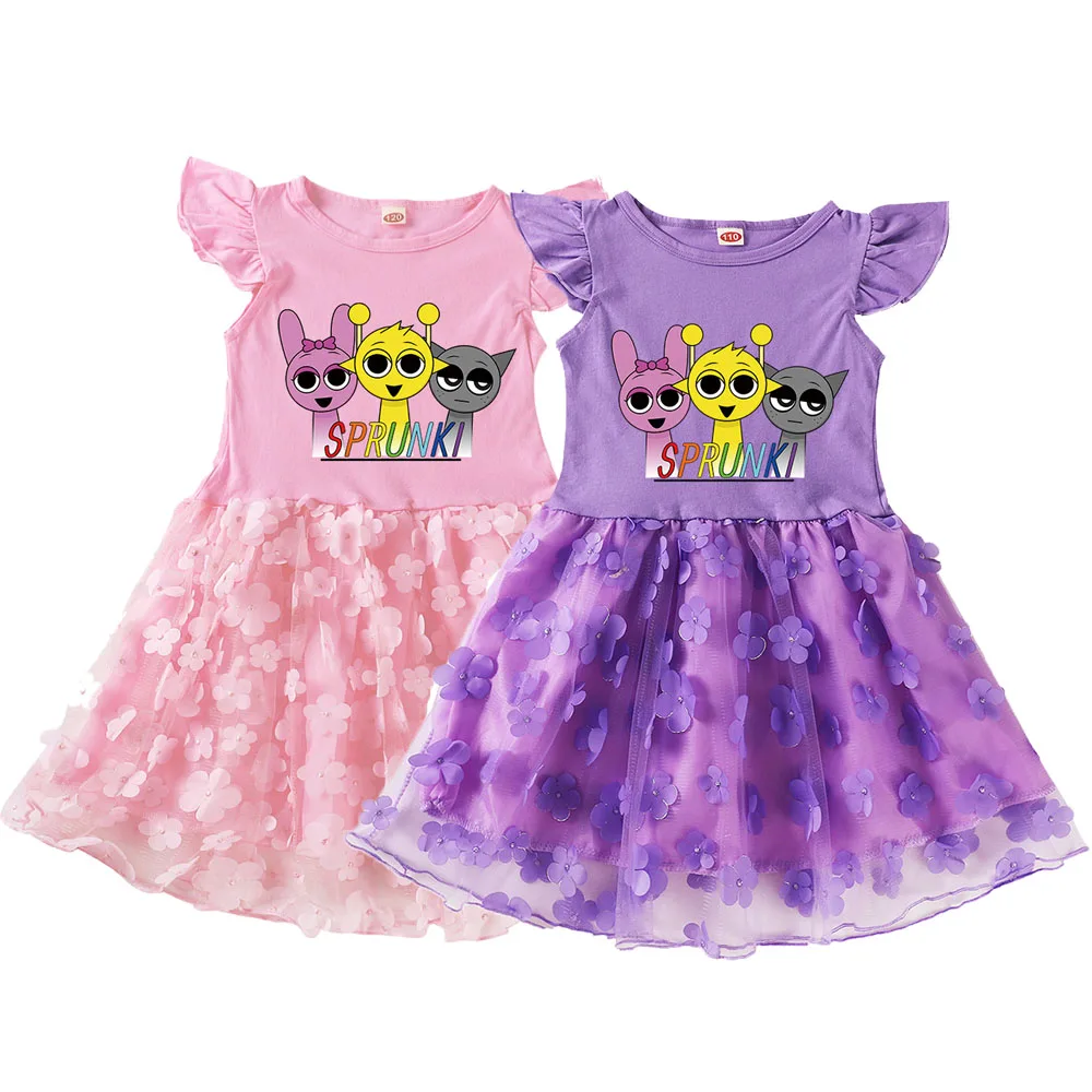 Sprunkis Lovely Cartoon Printed Fly Sleeves Yarn Skirt for Kid Girls Game Beat Boxeses Kawayi Dress Party Costumes