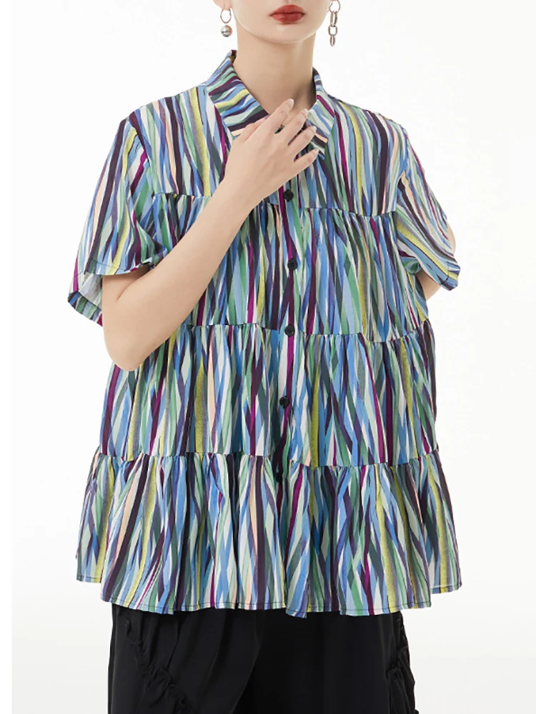 [EAM] Женская тонкая блузка в красочную полоску большого размера новая свободная