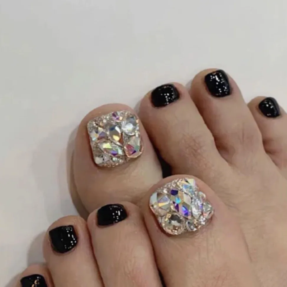 

24pcs Black Toe Nails Glitter Designs Diamond Gradient False Nail Art Accessories Nail Foot Fake Nail Press On Nails