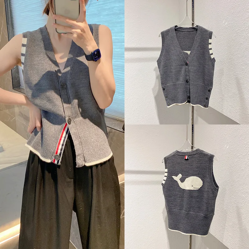 

High Quality Korean Style TB 2023 New Back Whale Jacquard Wool Knitted Cardigan Outer Vest Women's Sleeveless Top