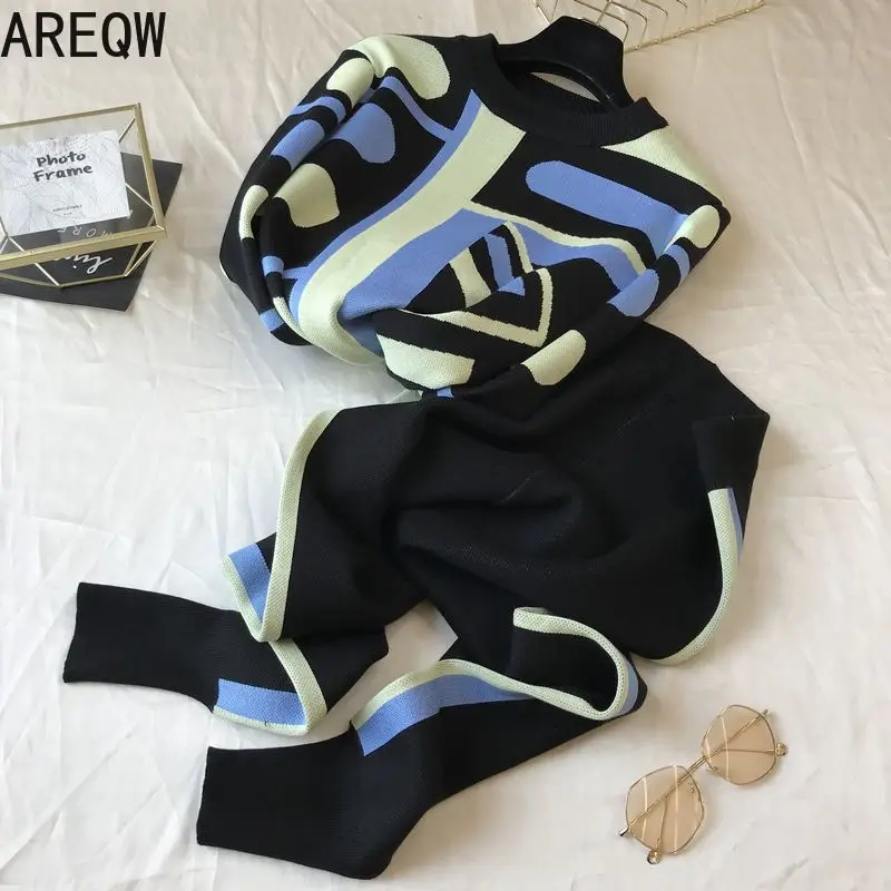 

2022 New Spring Autumn New Camouflage Printing Knitted Pullover + Pants Suit 2piece Set Women Sweatsuits