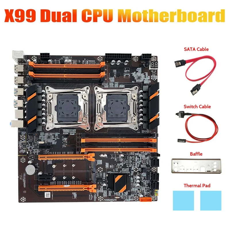 X99 Motherboard Dual CPU Slot+SATA Cable+Switch Cable+Baffle+2Xthermal Pad LGA 2011 DDR4 SATA 3.0 Support 2011-V3 CPU