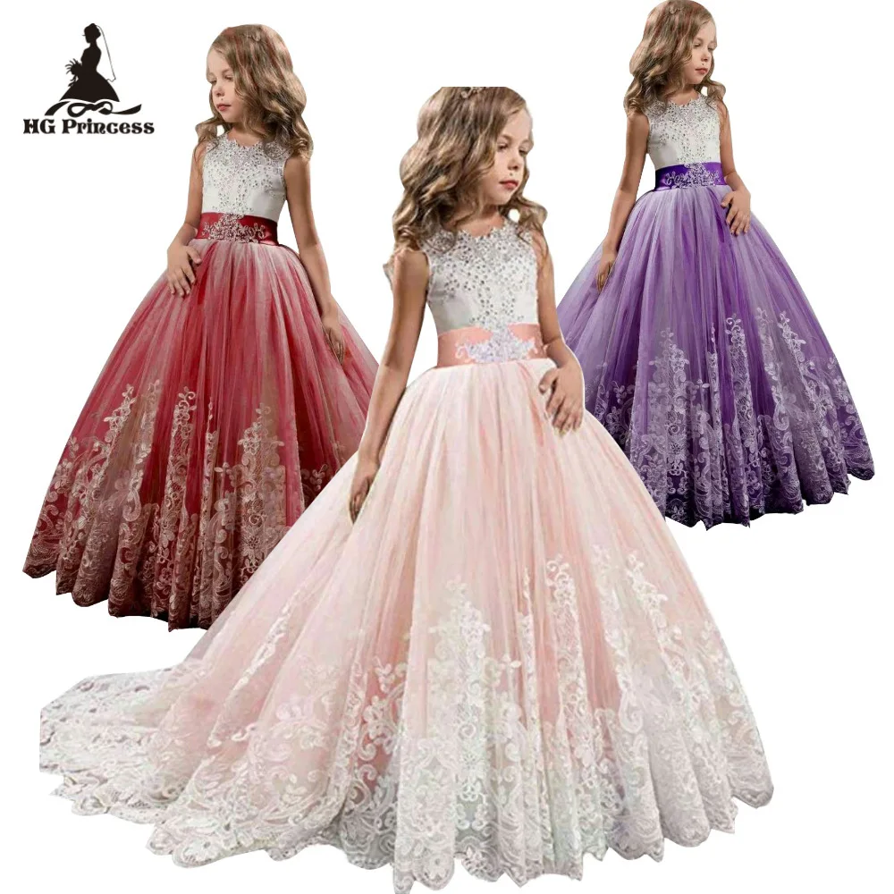 

New Party Gown For Kids 2-14 Years Lace Patchwork Flower Girl Dresses Bows First Communion Dress Tulle Ball Gowns With Trailing