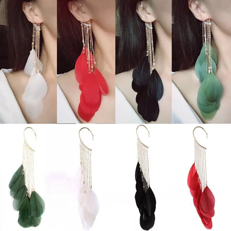 

Women Big Feather Earrings Dangles Drops Decorative Long Tassels Ear Hooks Creative Bohemian Earring Party Jewelry Accessories