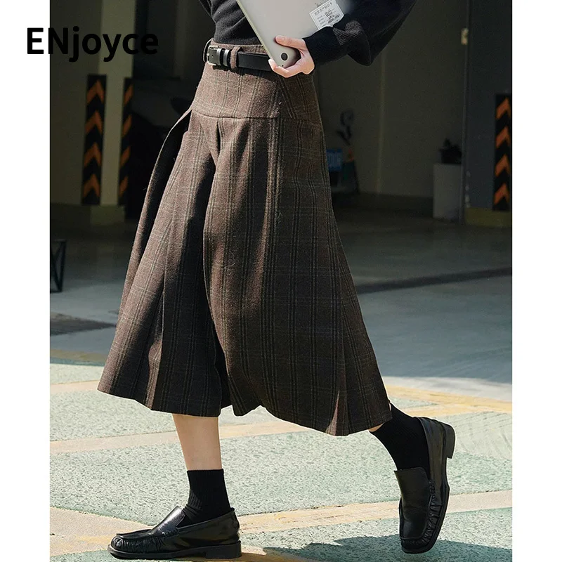 Winter Women Vintage Plaid Half-body Wool Tweed Skirts Female Casual Loose High Waist Medium-length Skirt