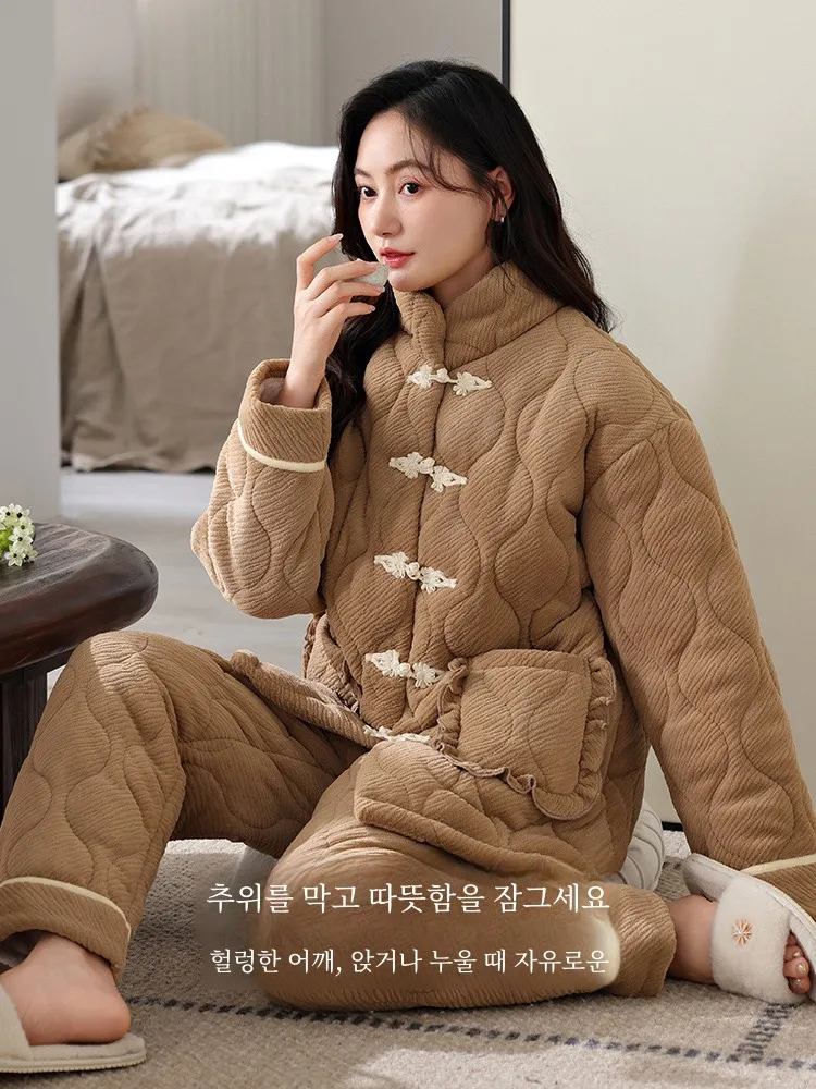 Новые китайские пижамы из кораллового флиса женские осенне-зимние трехслойные