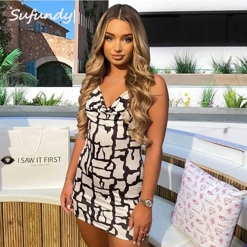 

Sufundy Sexy Halter Dress Women 2022 Summer Printed Backless Mini Dresses Party Night Club Pencil Dress Hight Street Clubwear